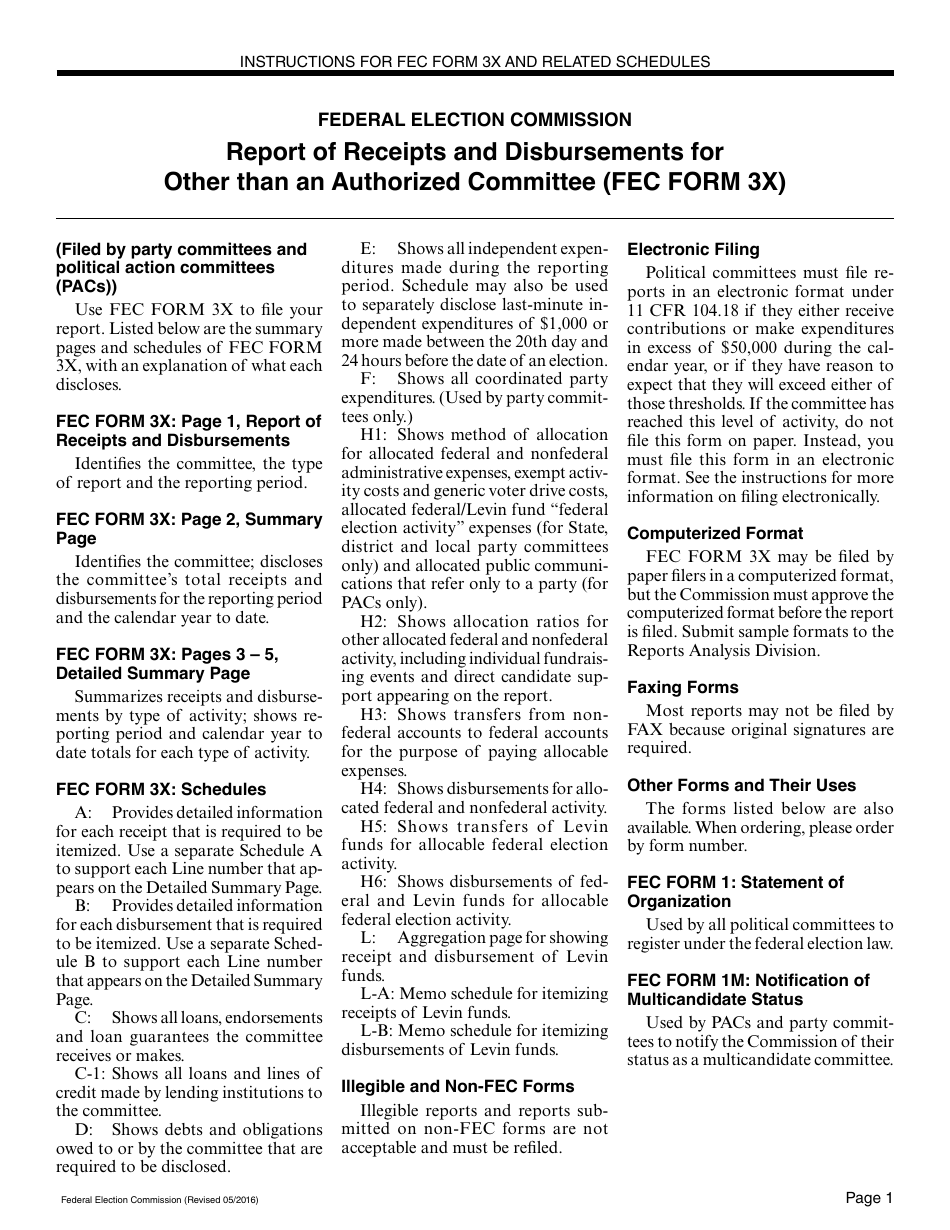 Instructions for FEC Form 3X Report of Receipts and Disbursements for Other Than an Authorized Committee, Page 1