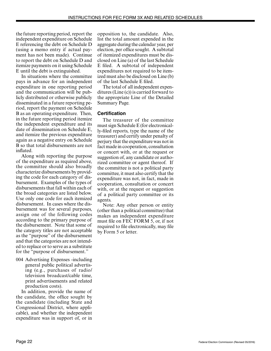 Instructions for FEC Form 3X Report of Receipts and Disbursements for Other Than an Authorized Committee, Page 22
