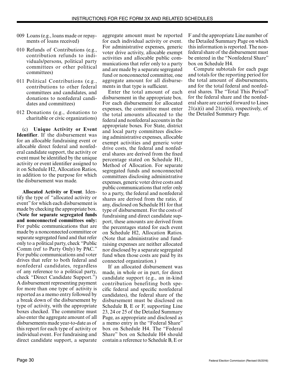 Instructions for FEC Form 3X Report of Receipts and Disbursements for Other Than an Authorized Committee, Page 30