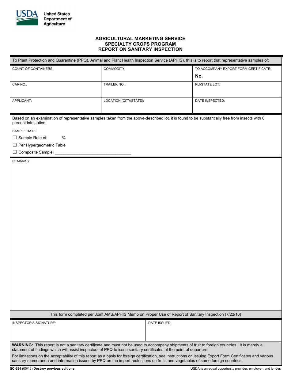 Form SC-294 Report on Sanitary Inspection - Specialty Crops Program, Page 1