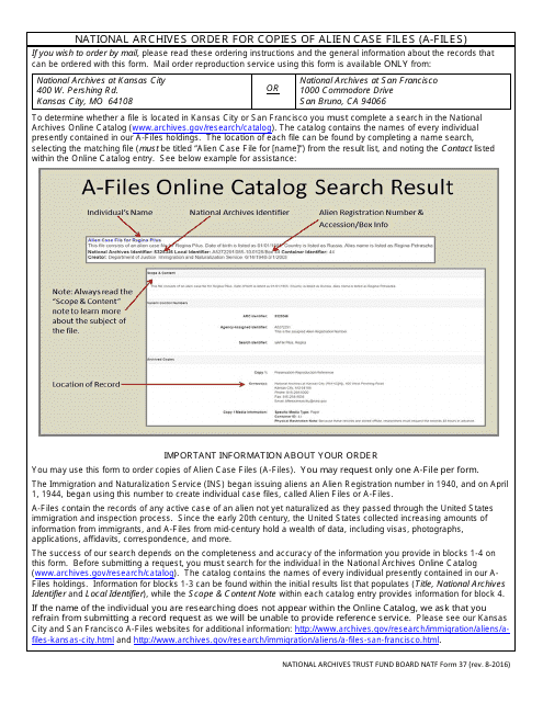 NATF Form 37 National Archives Order for Copies of Alien Case Files (A-Files)