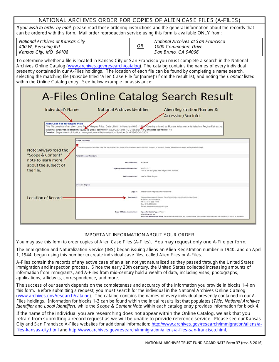 NATF Form 37 National Archives Order for Copies of Alien Case Files (A-Files), Page 1