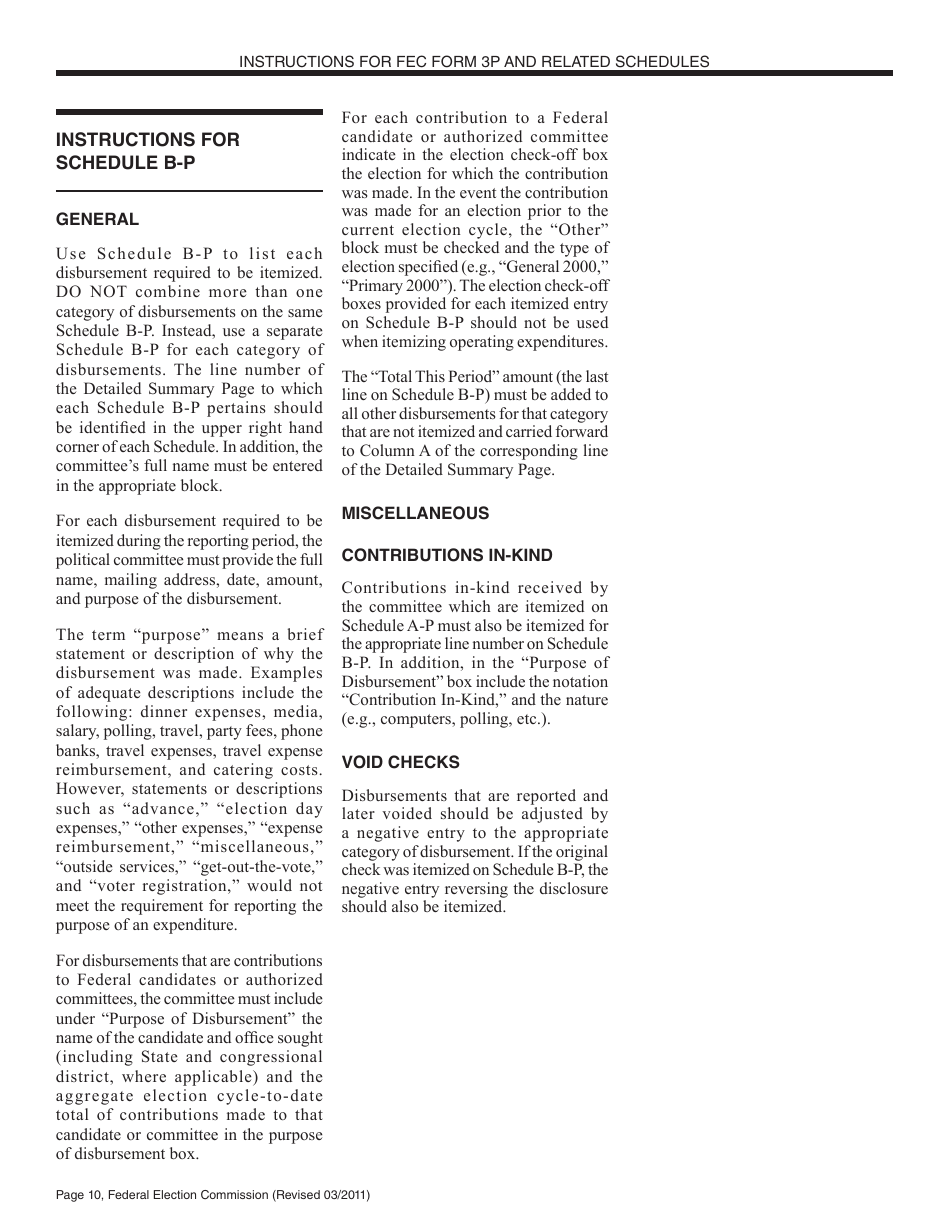 Instructions for FEC Form 3P Report of Receipts and Disbursements by an Authorized Committee of a Candidate for the Office of President or Vice President, Page 10
