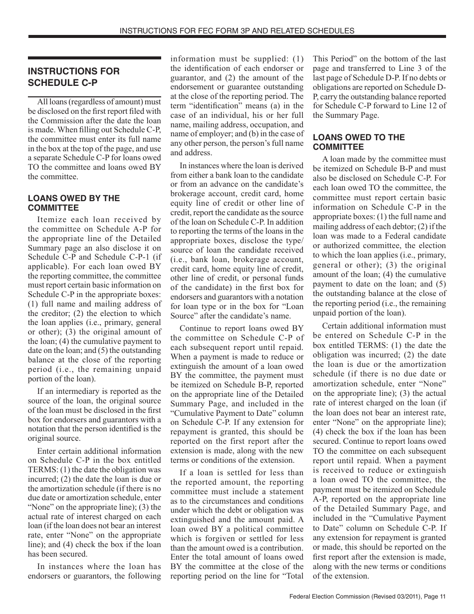 Instructions for FEC Form 3P Report of Receipts and Disbursements by an Authorized Committee of a Candidate for the Office of President or Vice President, Page 11