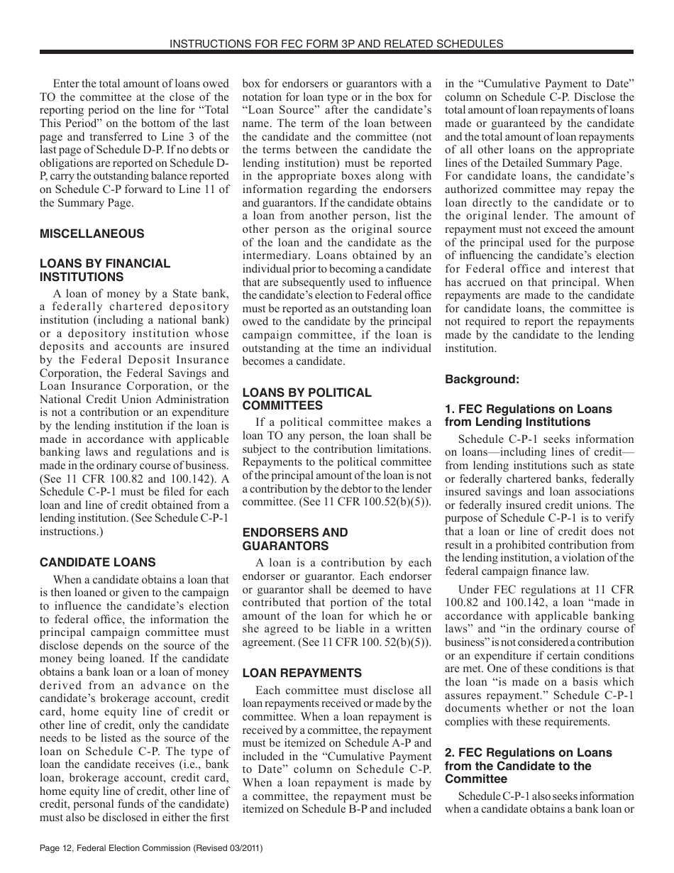 Instructions for FEC Form 3P Report of Receipts and Disbursements by an Authorized Committee of a Candidate for the Office of President or Vice President, Page 12