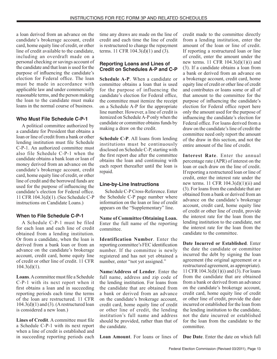 Instructions for FEC Form 3P Report of Receipts and Disbursements by an Authorized Committee of a Candidate for the Office of President or Vice President, Page 13