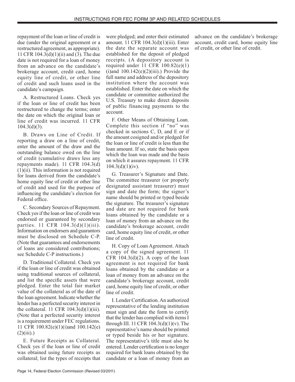 Instructions for FEC Form 3P Report of Receipts and Disbursements by an Authorized Committee of a Candidate for the Office of President or Vice President, Page 14