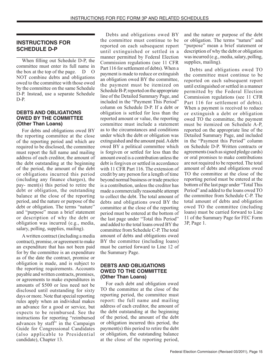 Instructions for FEC Form 3P Report of Receipts and Disbursements by an Authorized Committee of a Candidate for the Office of President or Vice President, Page 15