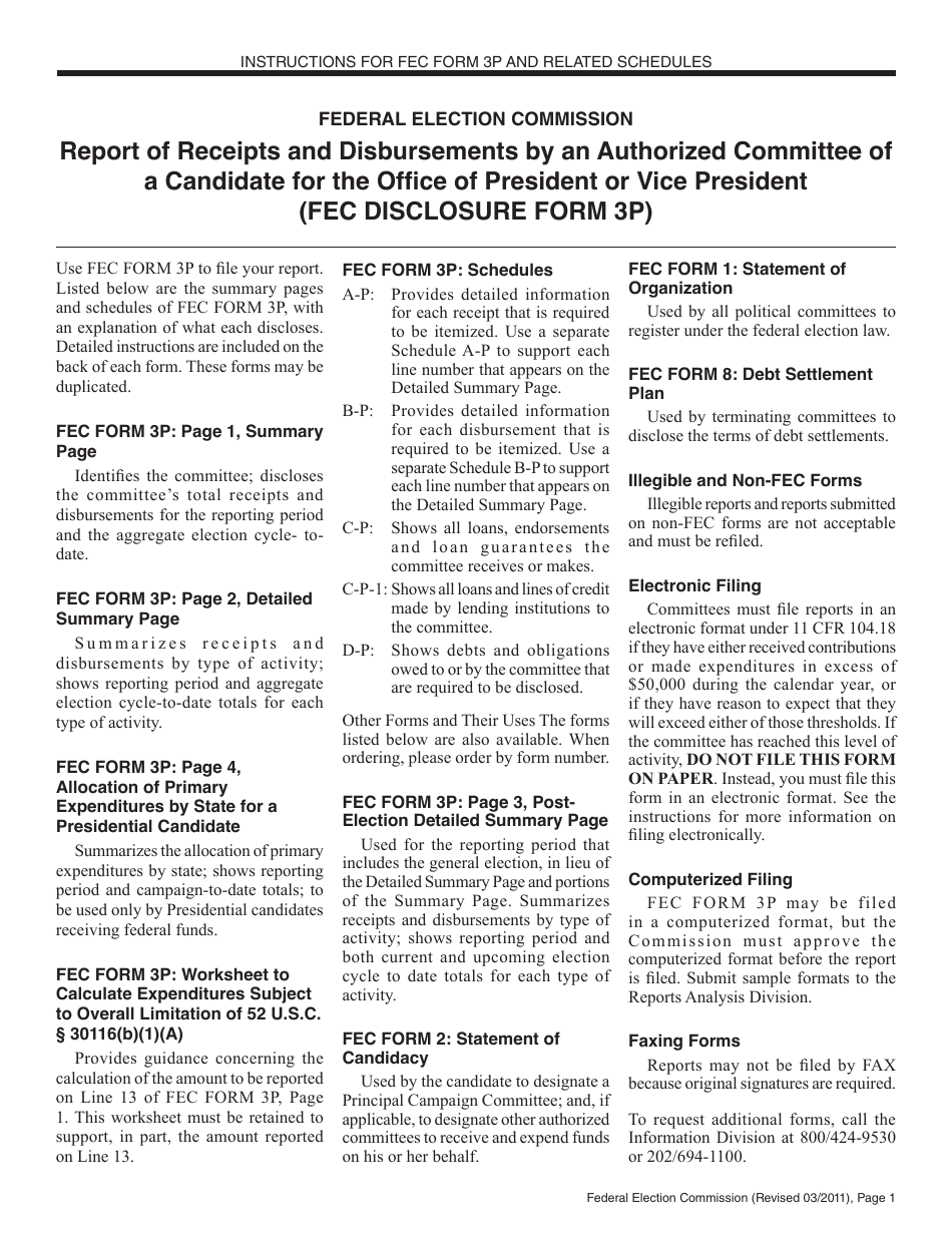 Instructions for FEC Form 3P Report of Receipts and Disbursements by an Authorized Committee of a Candidate for the Office of President or Vice President, Page 1