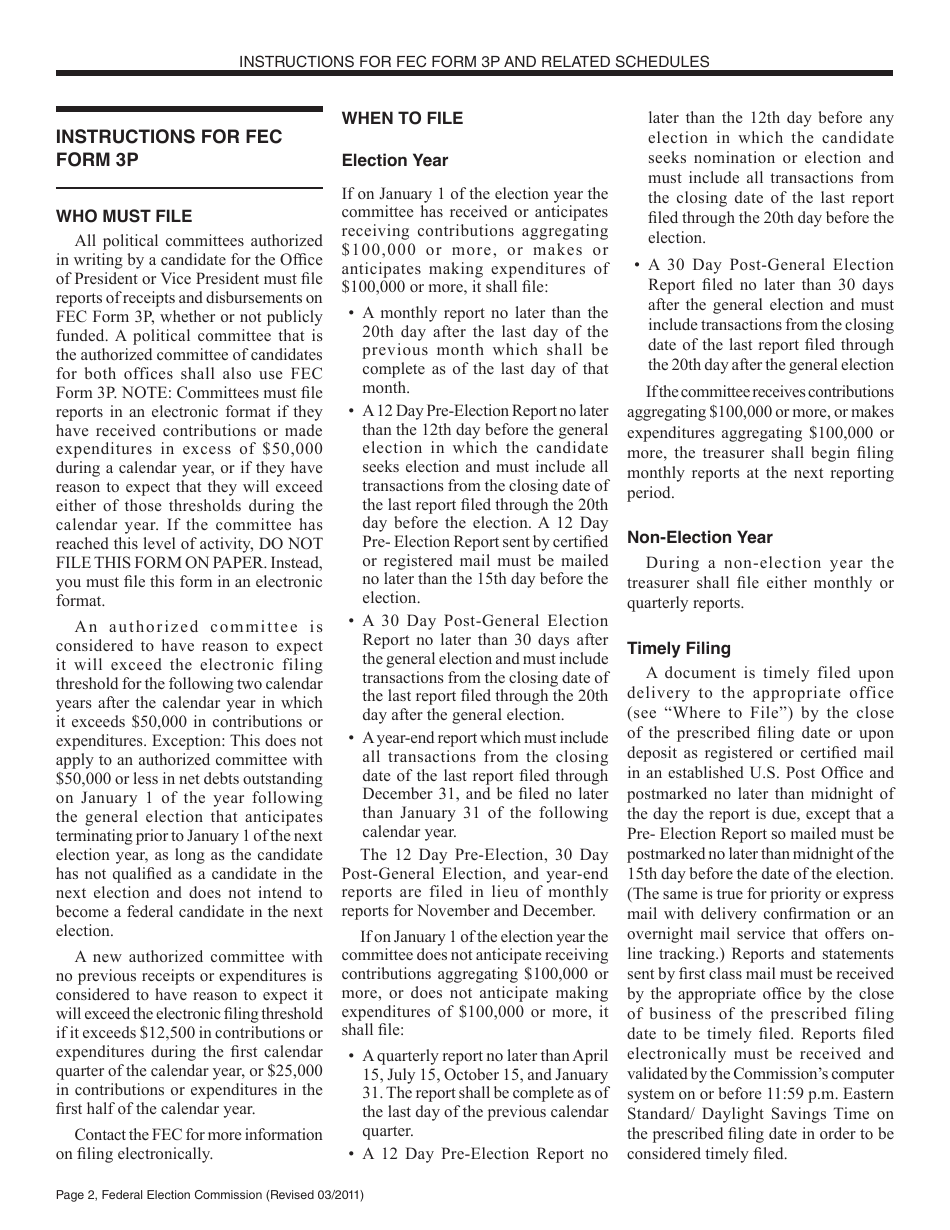 Instructions for FEC Form 3P Report of Receipts and Disbursements by an Authorized Committee of a Candidate for the Office of President or Vice President, Page 2