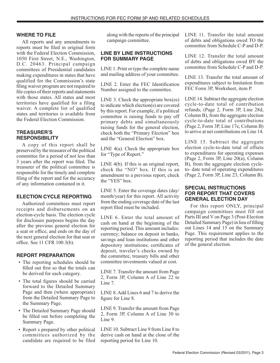 Instructions for FEC Form 3P Report of Receipts and Disbursements by an Authorized Committee of a Candidate for the Office of President or Vice President, Page 3