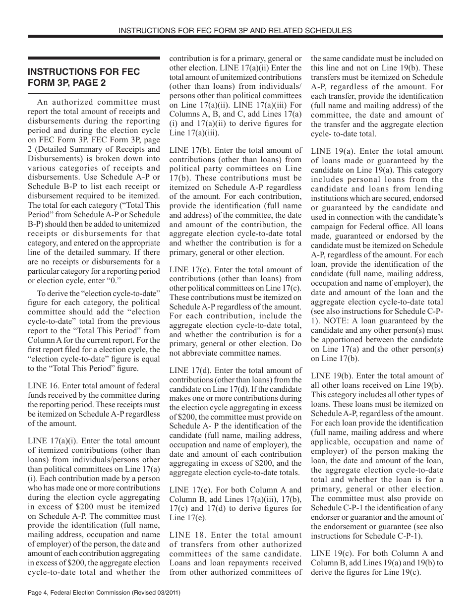 Instructions for FEC Form 3P Report of Receipts and Disbursements by an Authorized Committee of a Candidate for the Office of President or Vice President, Page 4