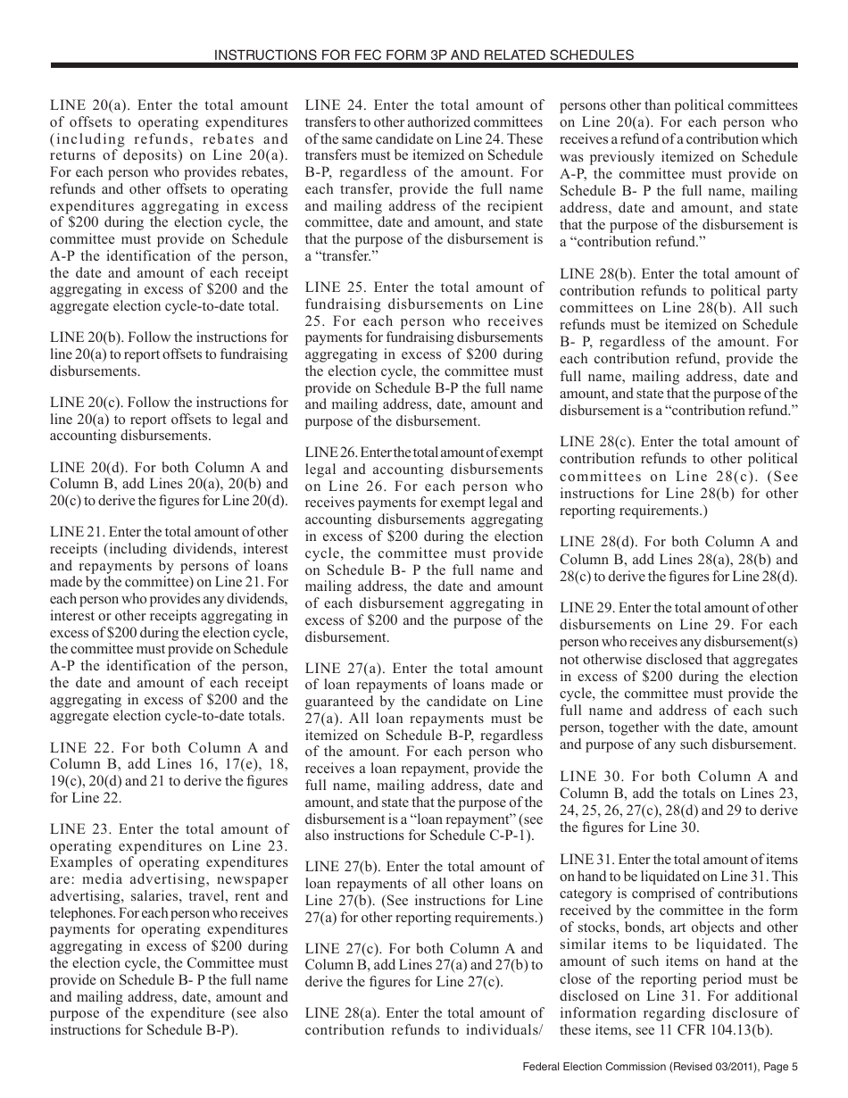 Instructions for FEC Form 3P Report of Receipts and Disbursements by an Authorized Committee of a Candidate for the Office of President or Vice President, Page 5