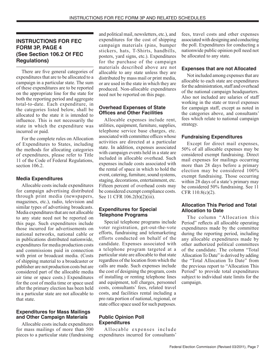 Instructions for FEC Form 3P Report of Receipts and Disbursements by an Authorized Committee of a Candidate for the Office of President or Vice President, Page 7