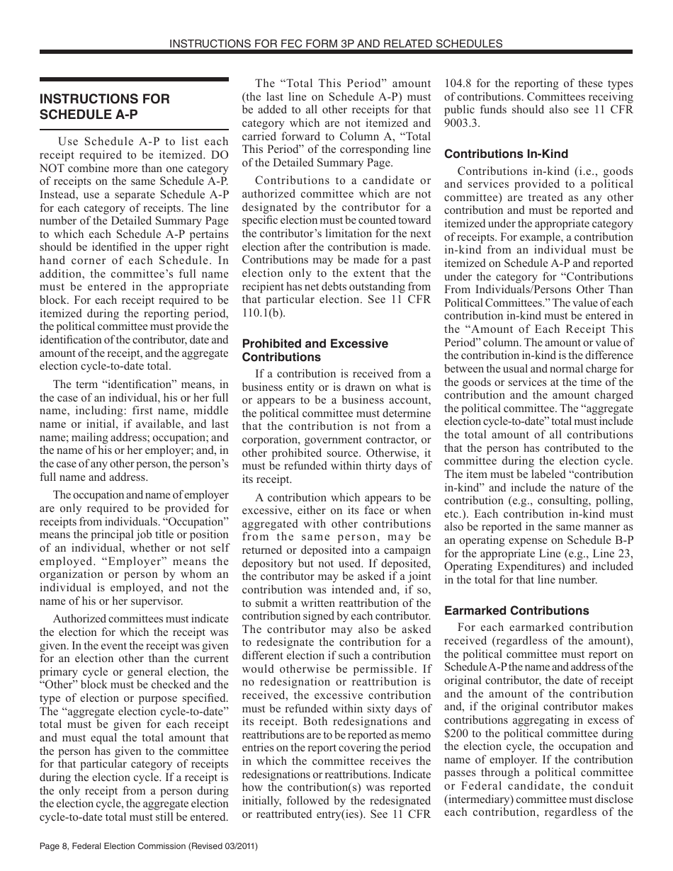 Instructions for FEC Form 3P Report of Receipts and Disbursements by an Authorized Committee of a Candidate for the Office of President or Vice President, Page 8