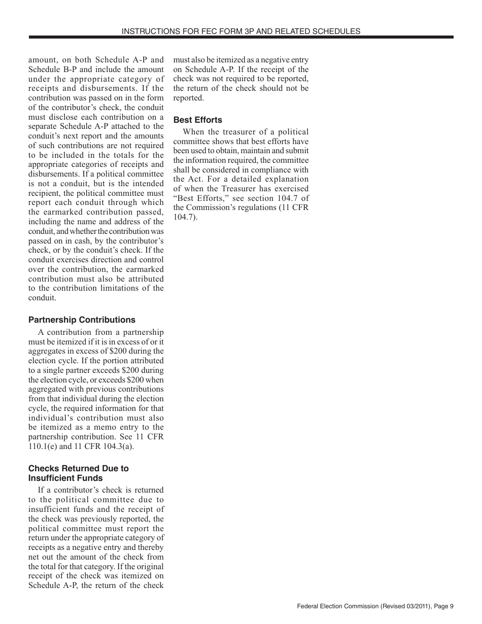 Instructions for FEC Form 3P Report of Receipts and Disbursements by an Authorized Committee of a Candidate for the Office of President or Vice President, Page 9