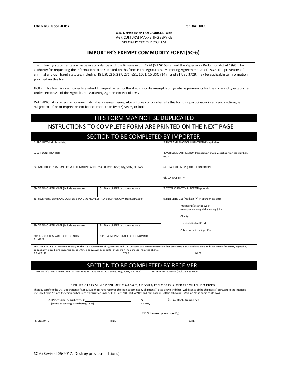 Form SC-6 Importers Exempt Commodity Form, Page 1