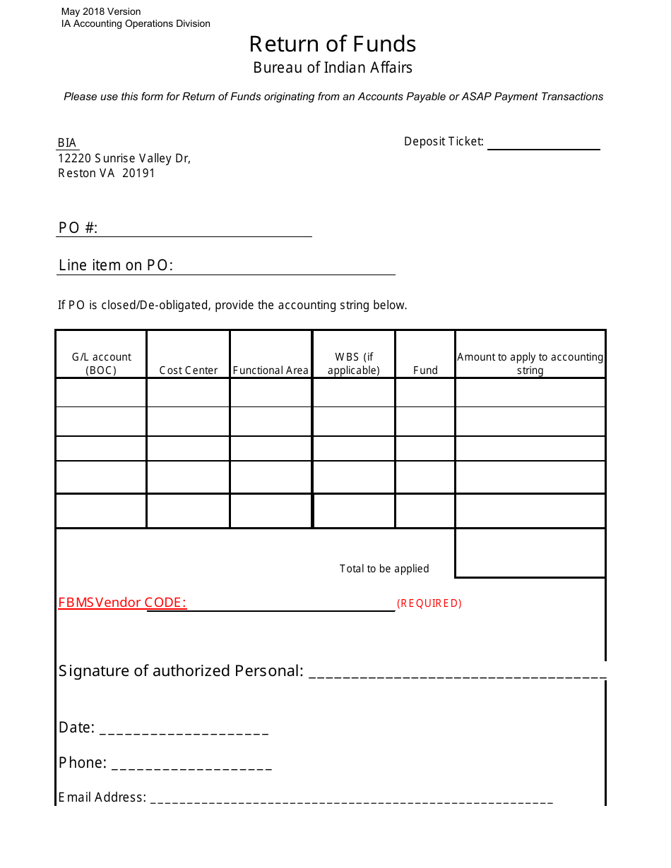 Return of Funds Form, Page 1
