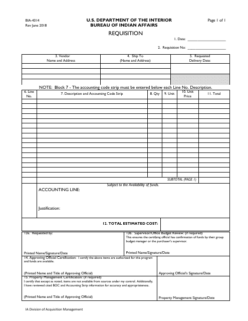 BIA Form BIA-4314 Requisition
