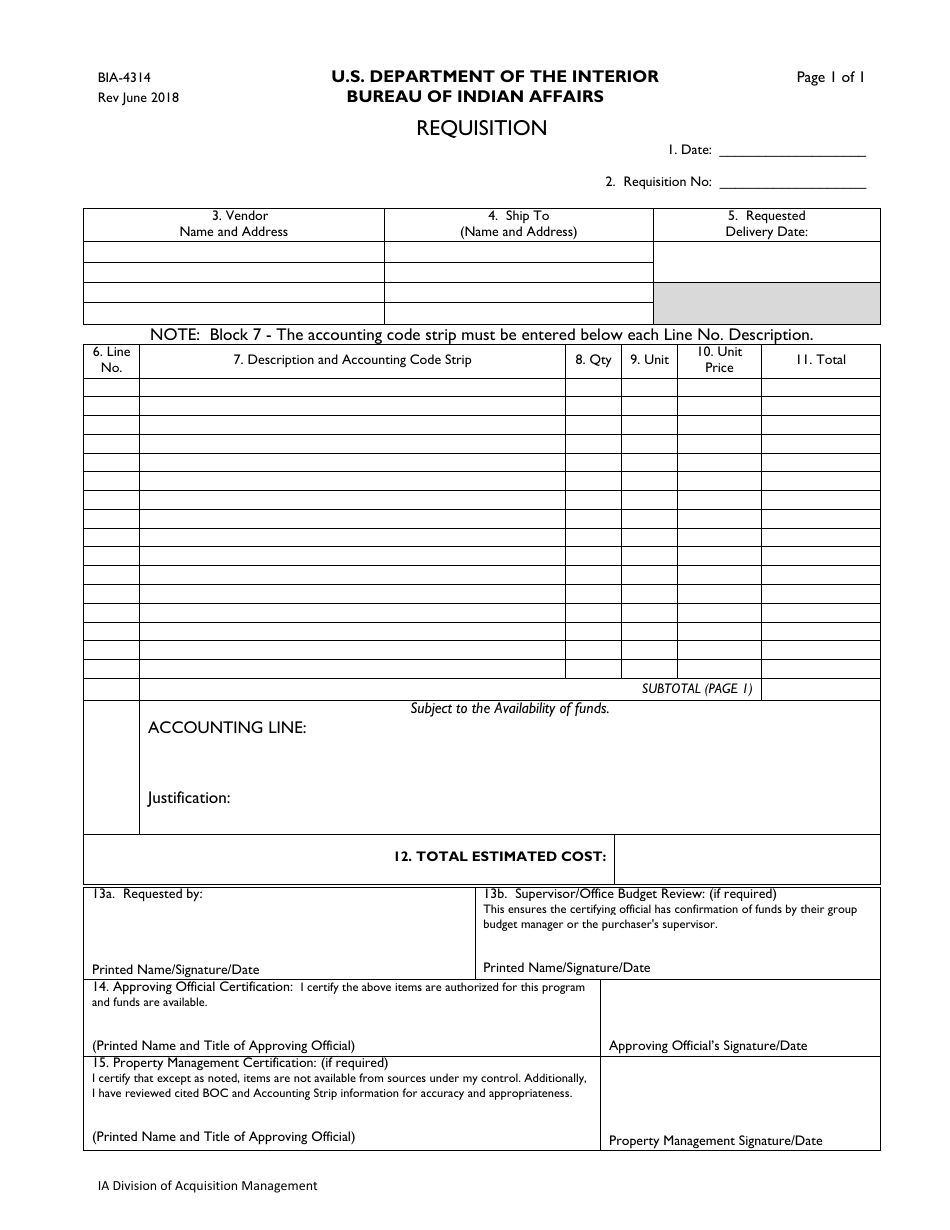 BIA Form BIA-4314 Requisition, Page 1