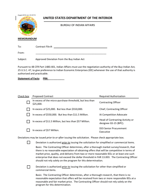 Approved Deviation Form the Buy Indian Act