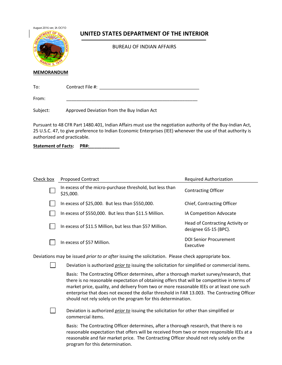Approved Deviation Form the Buy Indian Act, Page 1