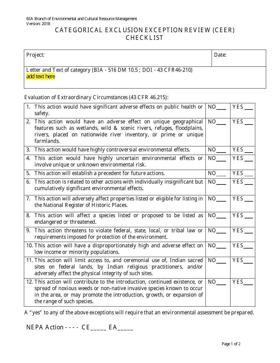 Categorical Exclusion Exeption Review (Ceer) Checklist, Page 1