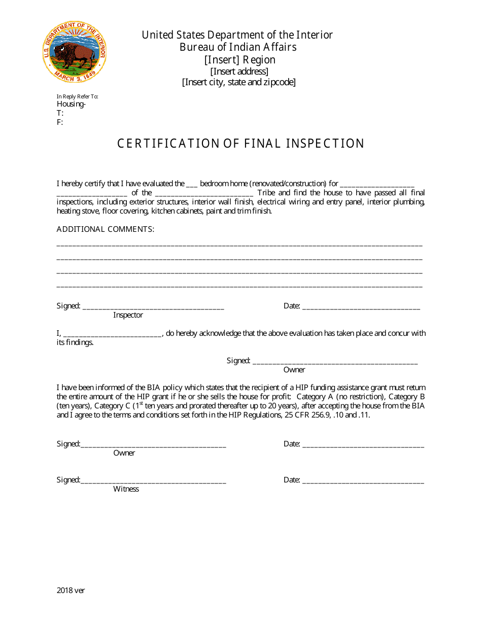 Certification of Final Inspection Fill Out, Sign Online and Download