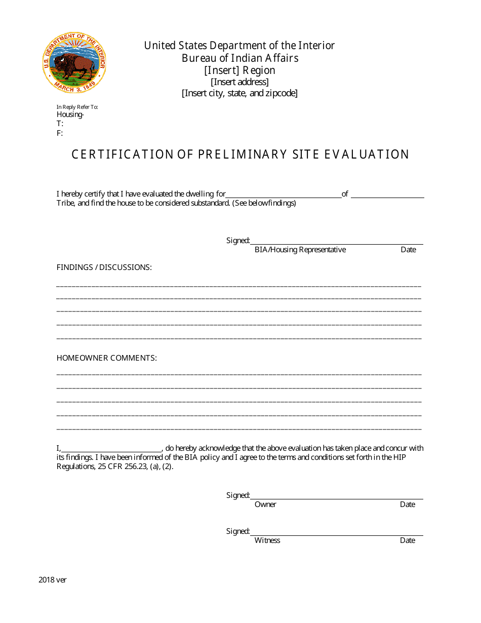 Certification of Preliminary Site Evaluation, Page 1