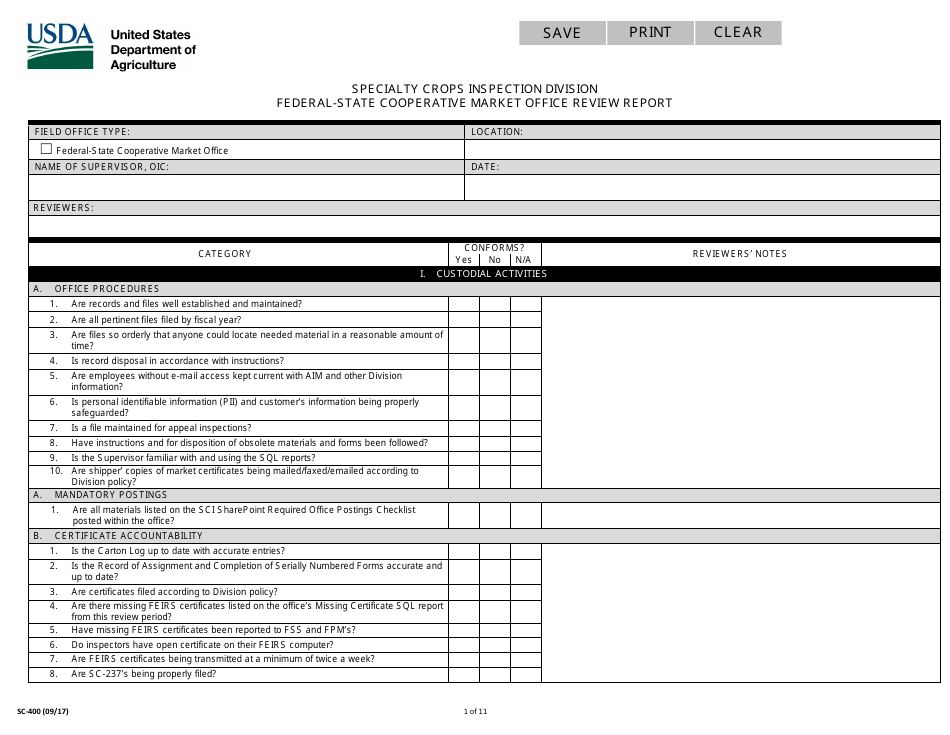 Form SC-400 Federal-State Cooperative Market Office Review Report, Page 1