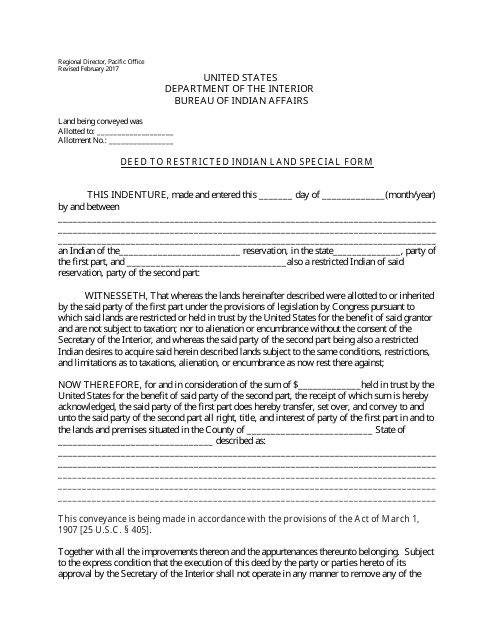 Deed to Restricted Indian Land Special Form