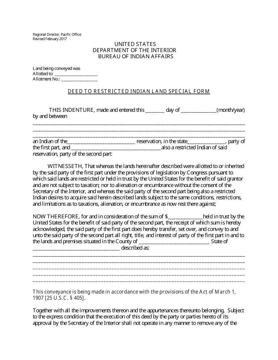 Deed to Restricted Indian Land Special Form, Page 1