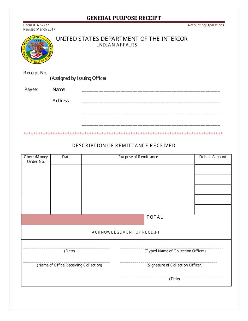 BIA Form BIA5-777 General Purpose Receipt, Page 1