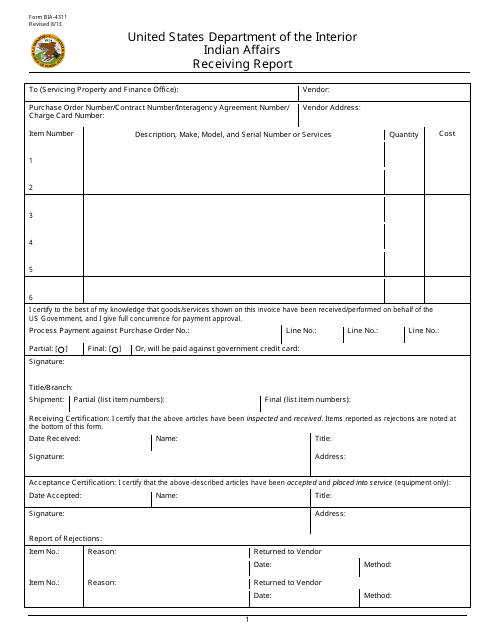 BIA Form BIA-4311 Receiving Report