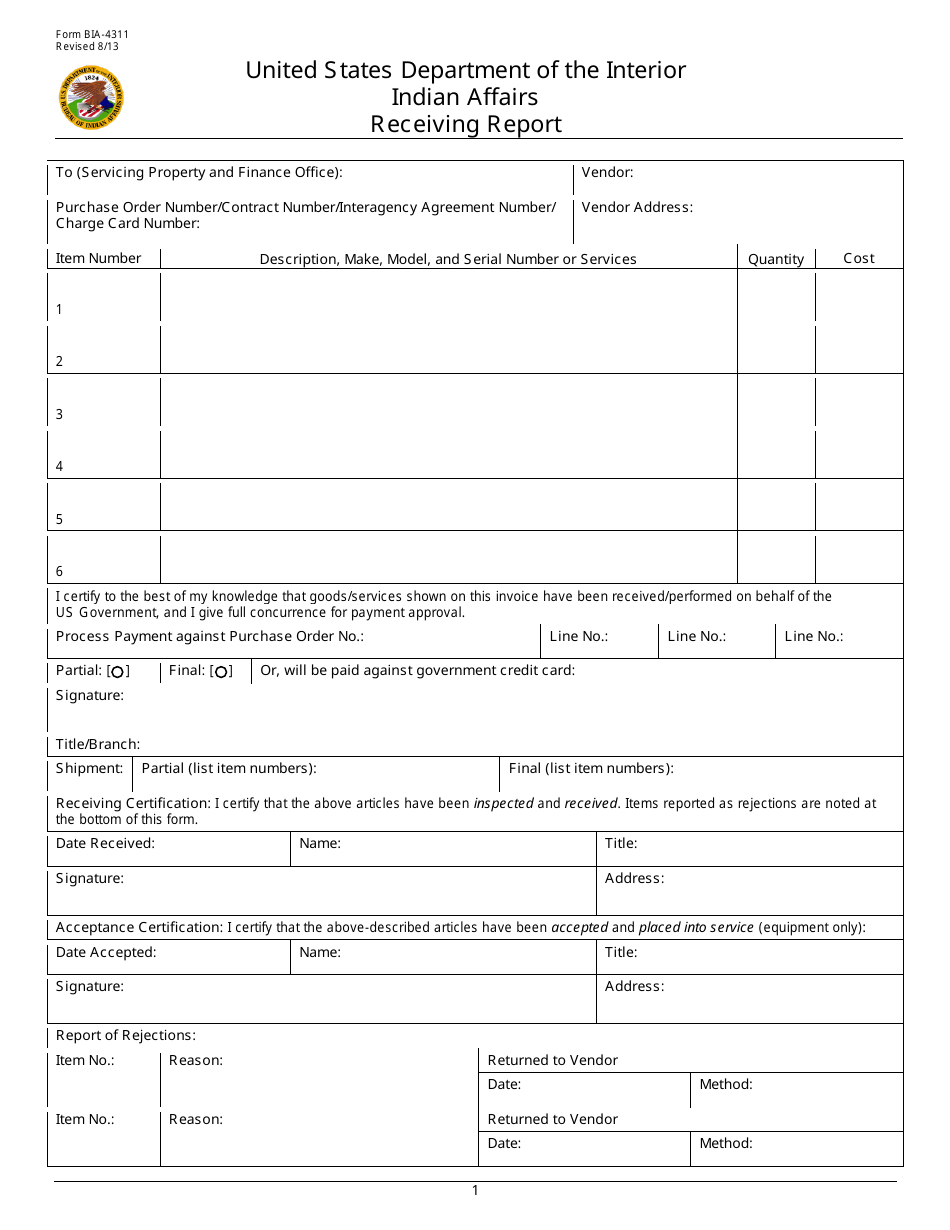 BIA Form BIA-4311 Receiving Report, Page 1