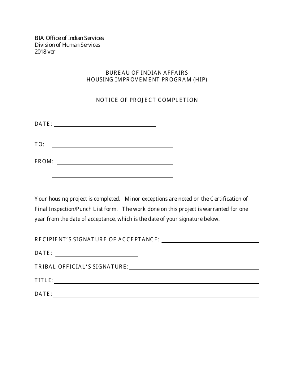 Notice of Project Completion - Housing Improvement Program (Hip), Page 1