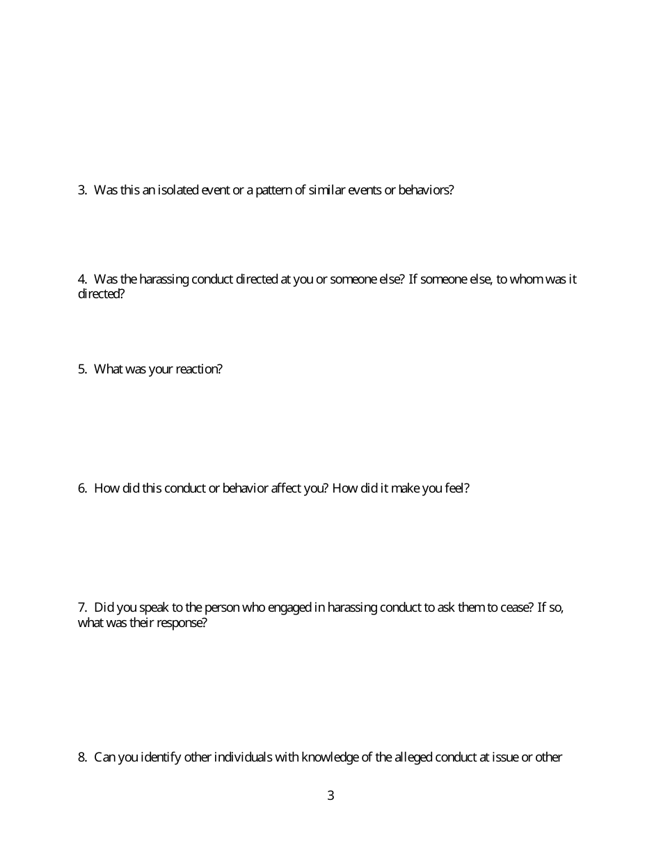 Harassing Conduct Allegation Intake Form, Page 3
