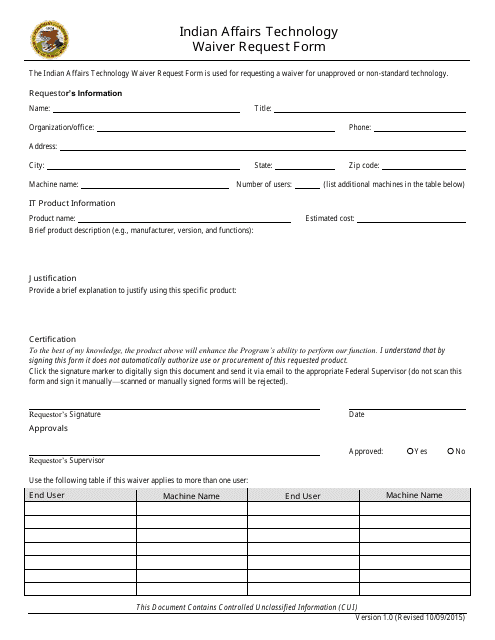 Indian Affairs Technology Waiver Request Form Download Pdf