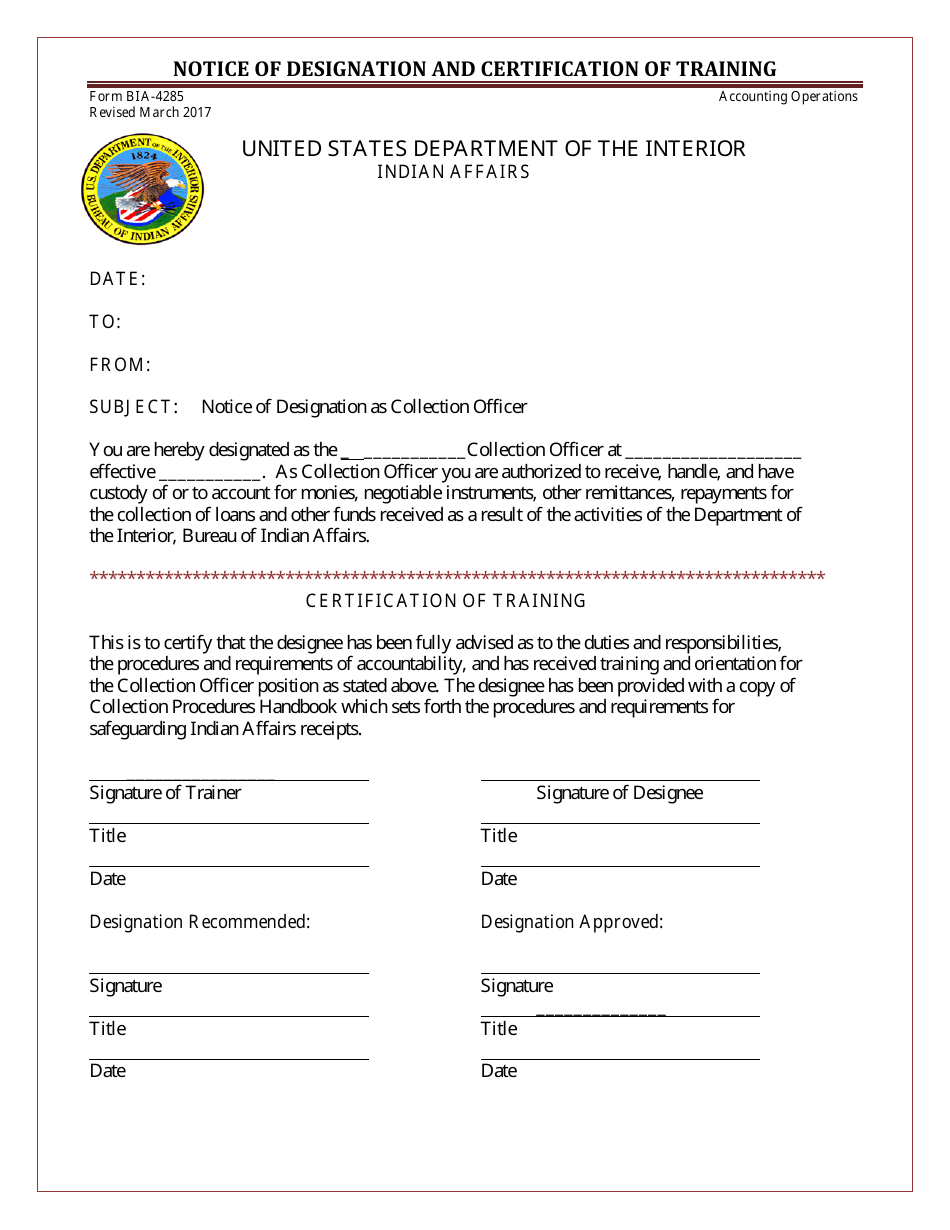 BIA Form 4285 Notice of Designation and Certification of Training, Page 1