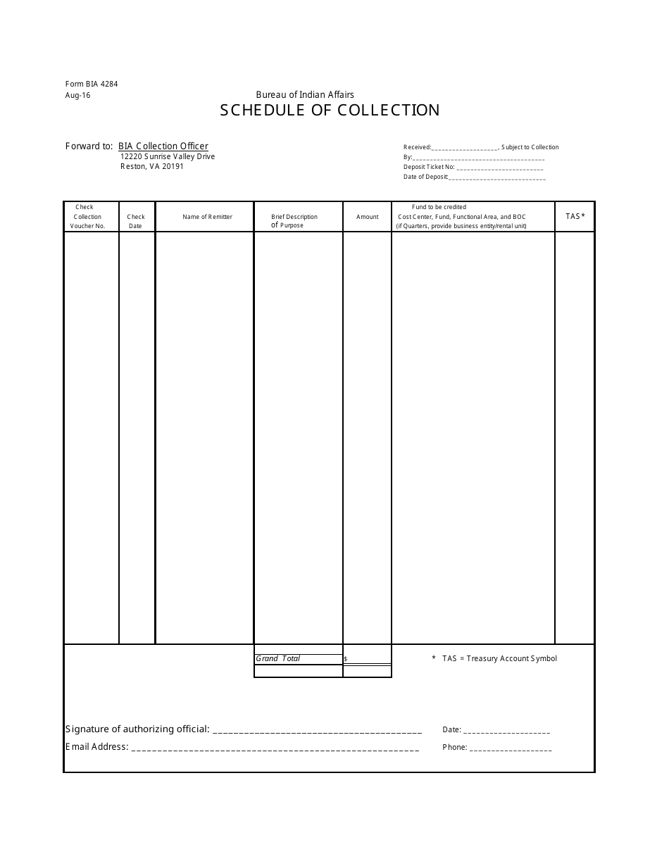 BIA Form BIA4284 Schedule of Collection, Page 1