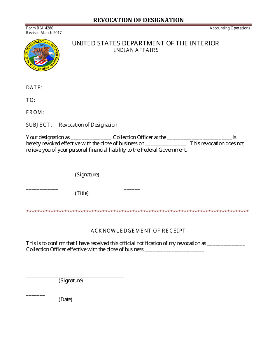 BIA Form BIA4286 Revocation of Designation, Page 1