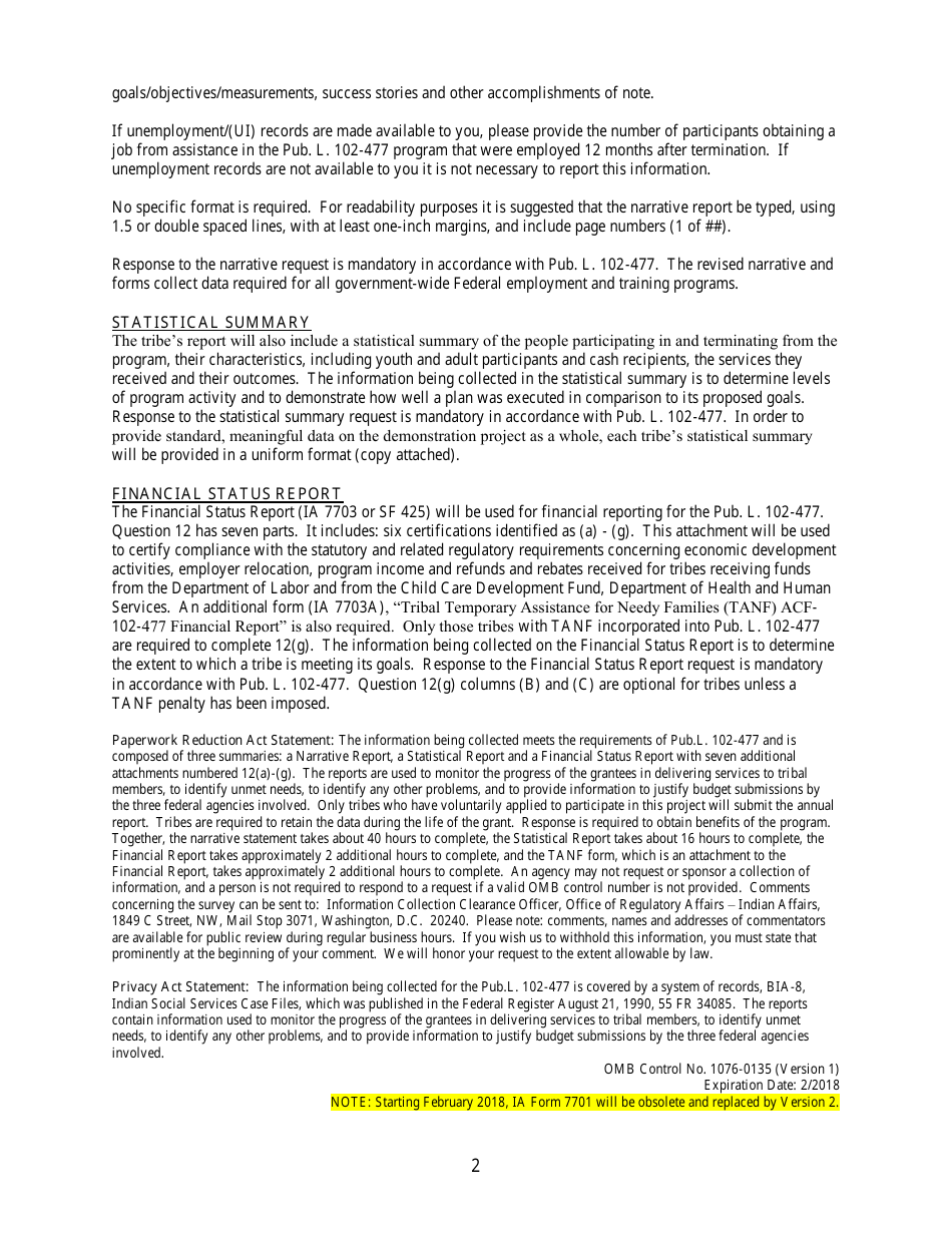 Instructions for BIA Form 7701 P.l. 102-477 Demonstration Project - Narrative Report, Page 2