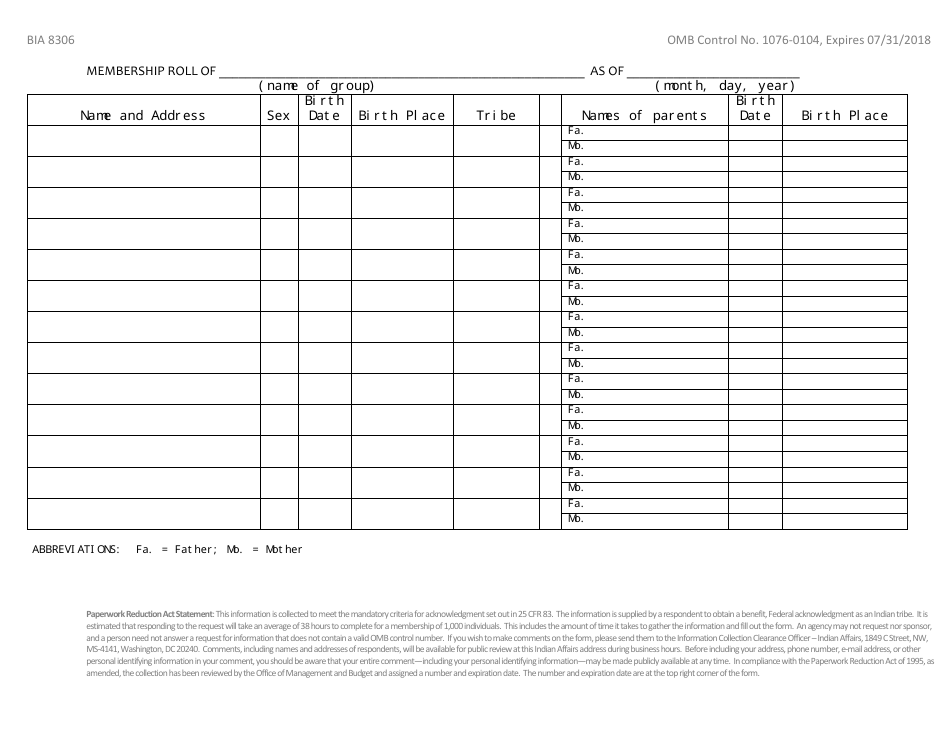 BIA Form BIA8306 Membership Roll, Page 1