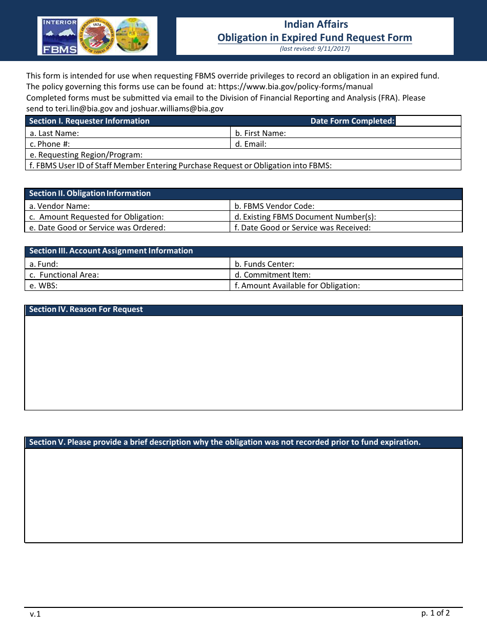 Obligation in Expired Fund Request Form, Page 1