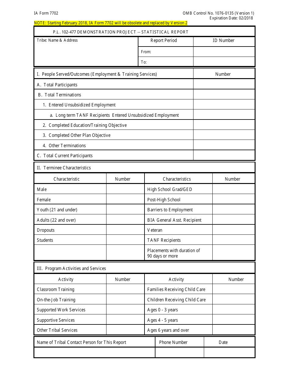 BIA Form 7702 P.l. 102-477 Demonstration Project - Statistical Report, Page 1