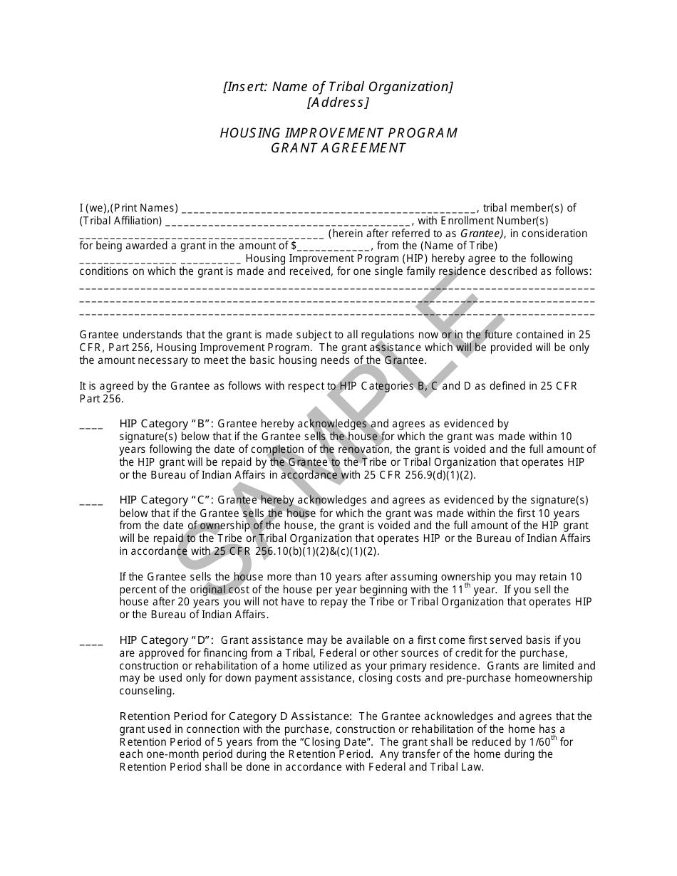Housing Improvement Program Grant Agreement - Sample, Page 1