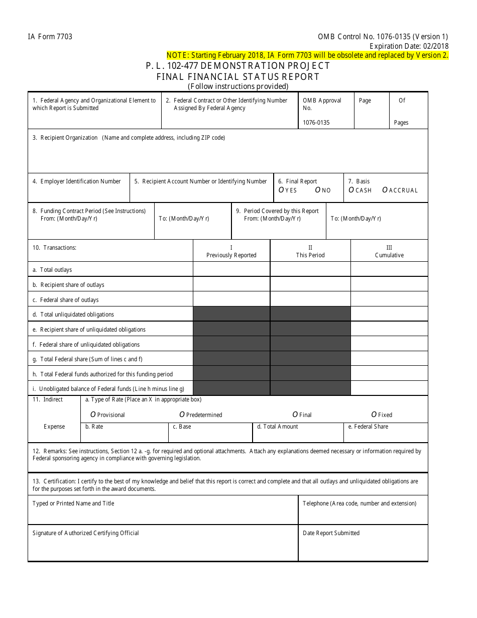BIA Form 7703 P.l.102-477 Demonstration Project - Final Financial Status Report, Page 1