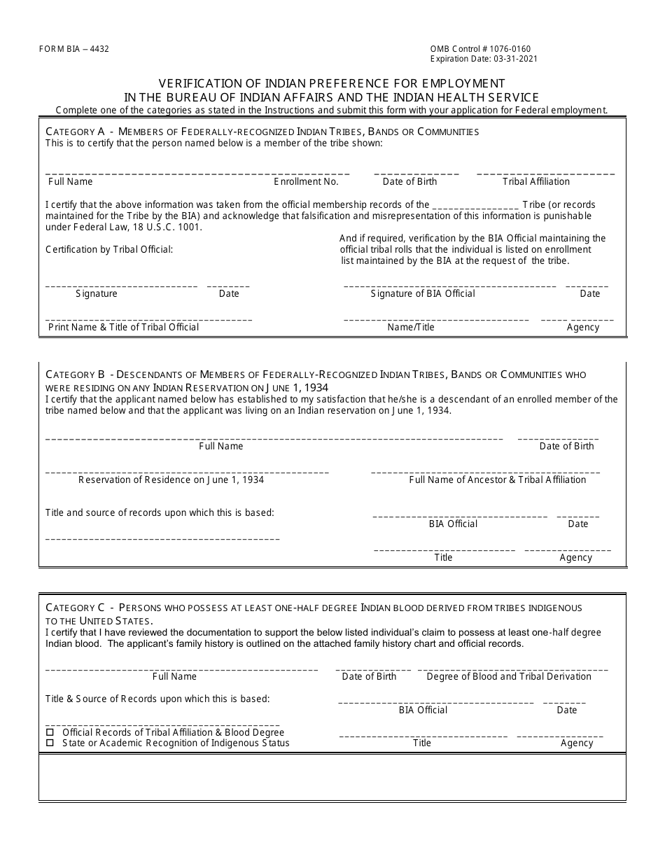 BIA Form BIA-4432 Verification of Indian Preference for Employment in the Bureau of Indian Affairs and the Indian Health Service, Page 1