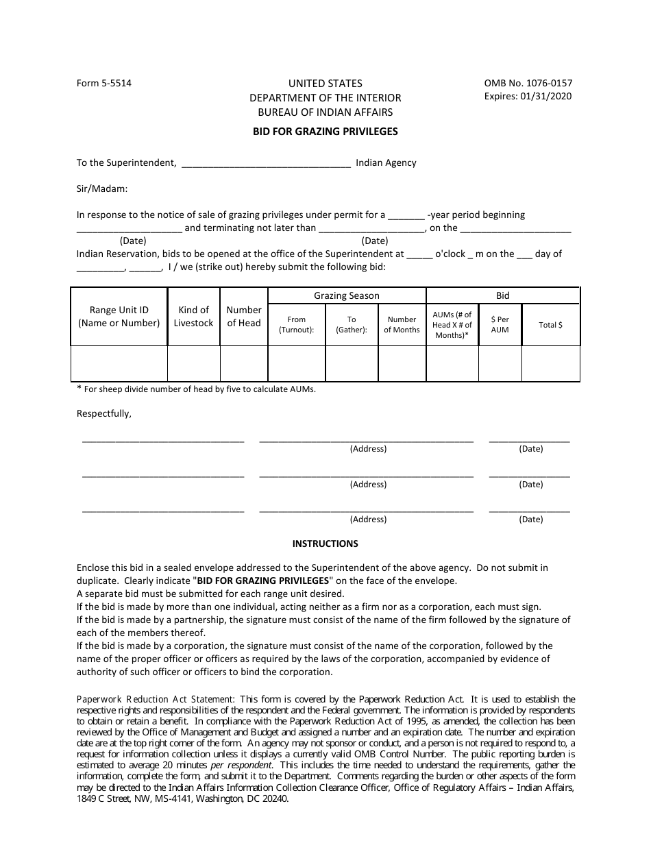 BIA Form 5-5514 Bid for Grazing Privileges, Page 1