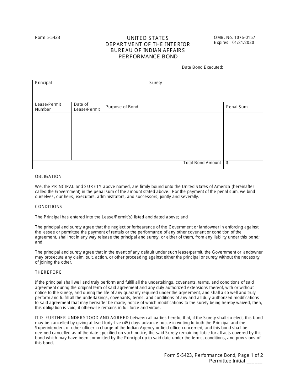 BIA Form 5-5423 Performance Bond, Page 1